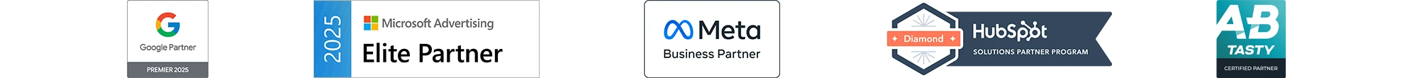 Zertifizierungen und Partnerlogos von Morefire, darunter Google Premier Partner 2023, Microsoft Advertising Elite Partner 2023, Meta Business Partner, BVDW SEA und SEO Zertifikate, HubSpot Diamond Partner und AB Tasty Certified Partner.